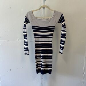 Revamped Striped Ribbed Knit Bodycon Dress Navy Blue Grey White Square Neck M